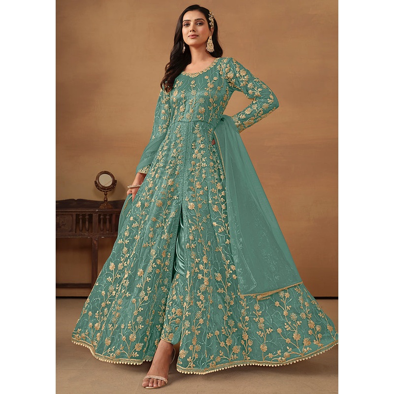 3 Pc Green Semi Stitched Net Suit Set - JD986614383