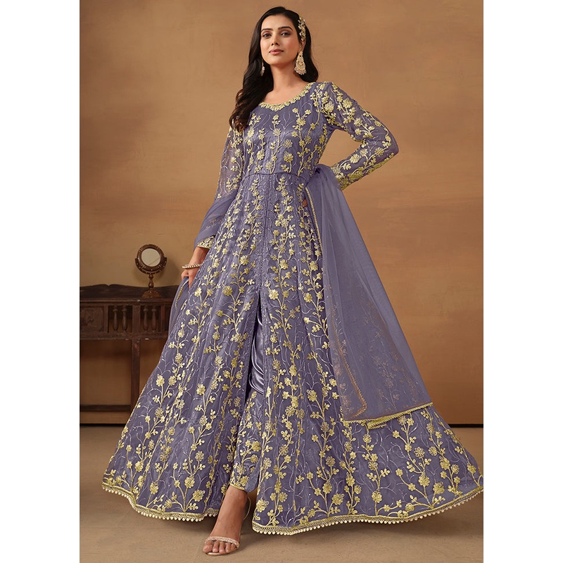 3 Pc Voilet Semi Stitched Net Suit Set - JD986614381