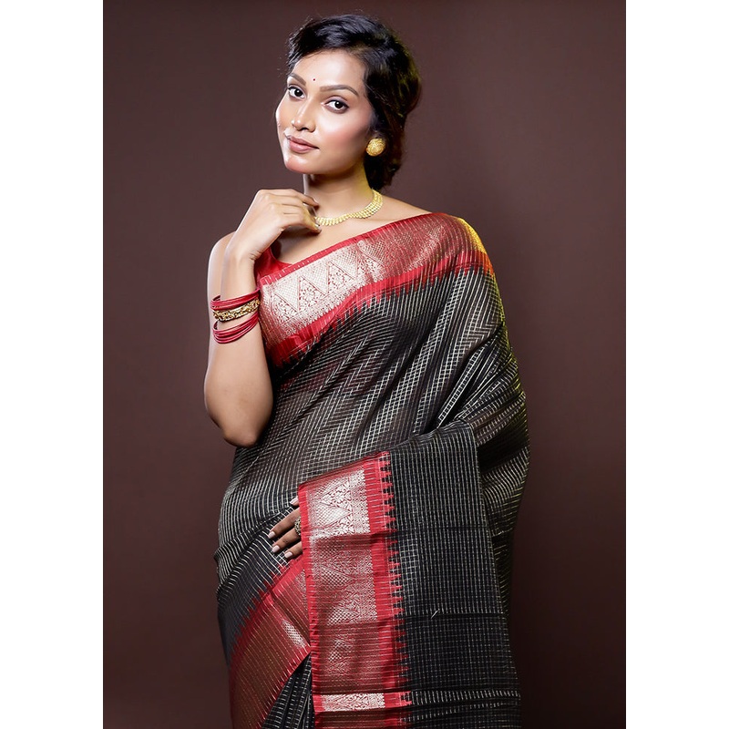 Black Cotton Saree With Blouse Piece - JD986614431