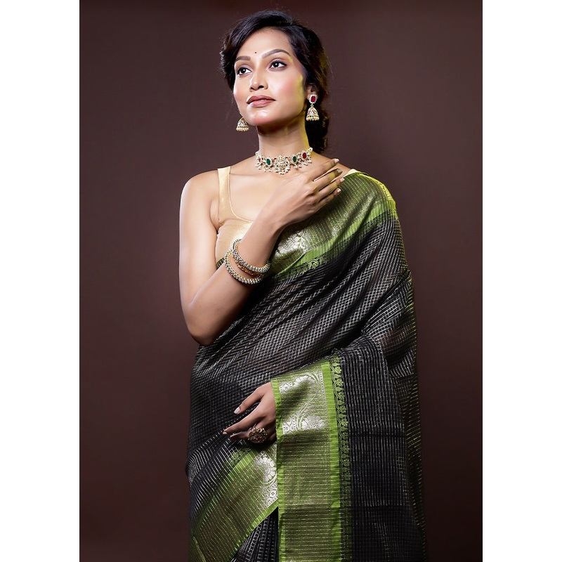 Black Cotton Saree With Blouse Piece - JD986614432