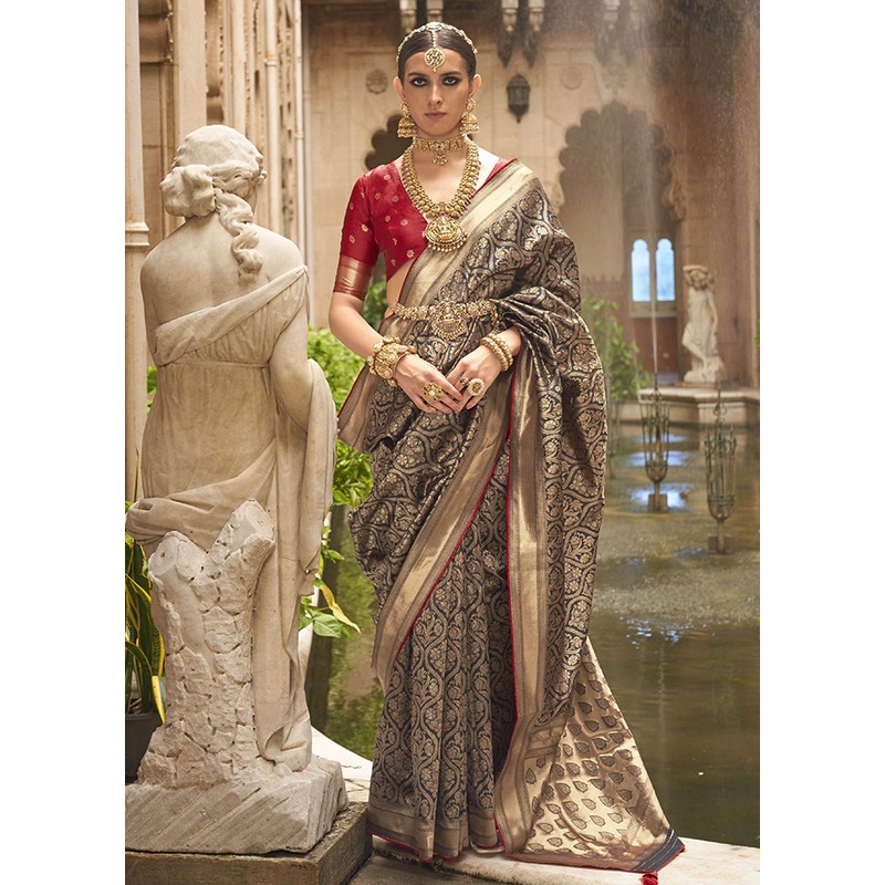 Black Dupion Silk Saree With Blouse Piece - JD986614372