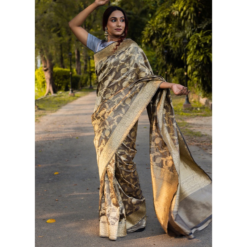Black Pure Tissue Silk Saree With Blouse Piece - JD986614369