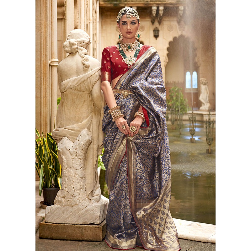 Blue Dupion Silk Saree With Blouse Piece - JD986614368