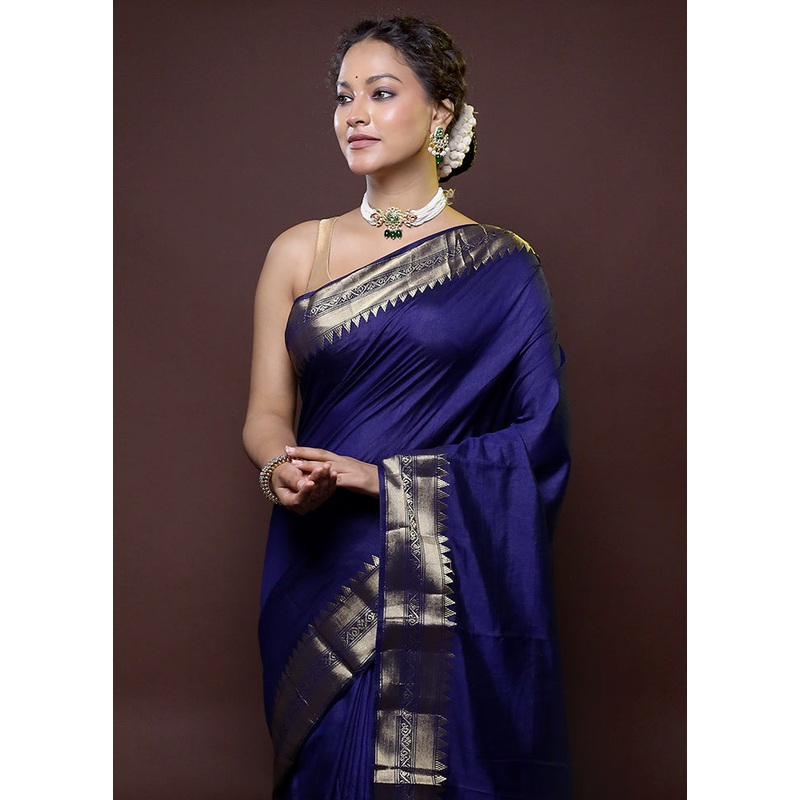 Blue Dupion Silk Saree With Blouse Piece - JD986614403