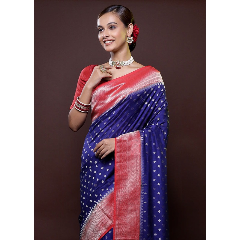 Blue Dupion Silk Saree With Blouse Piece - JD986614428