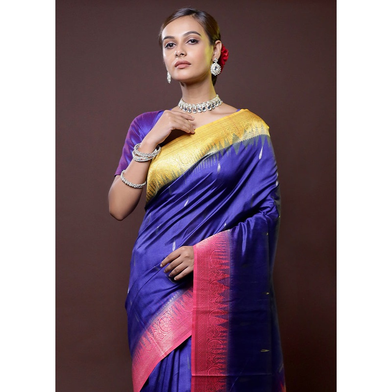 Blue Dupion Silk Saree With Blouse Piece - JD986614430