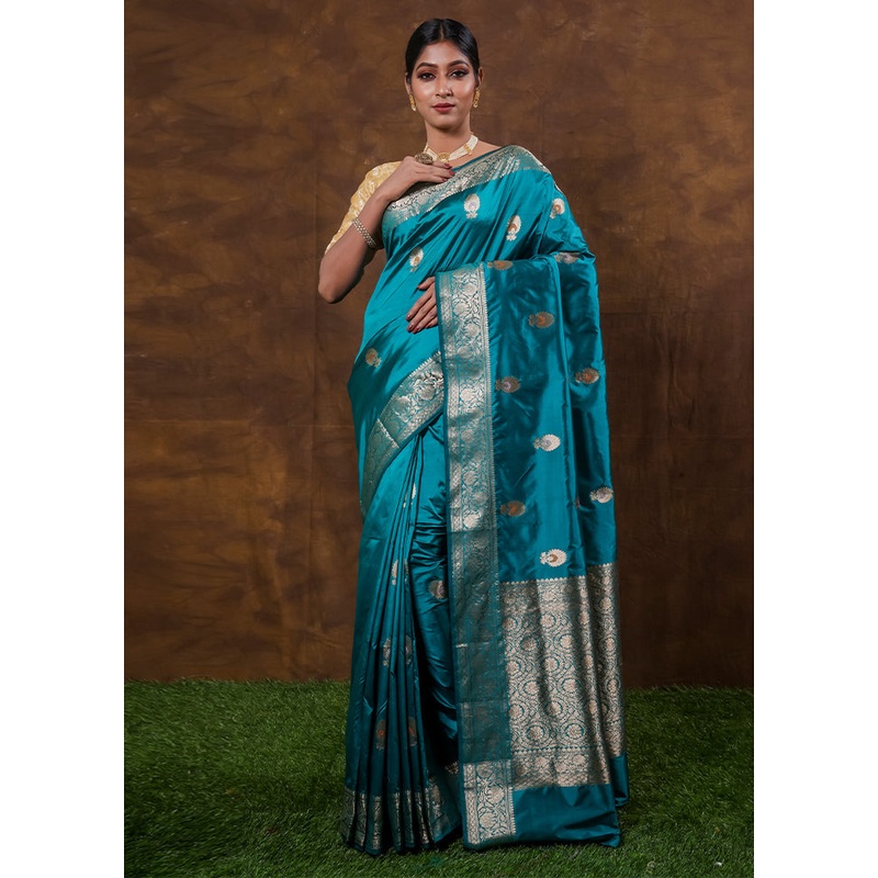 Blue Katan Pure Silk Saree With Blouse Piece - JD986614362