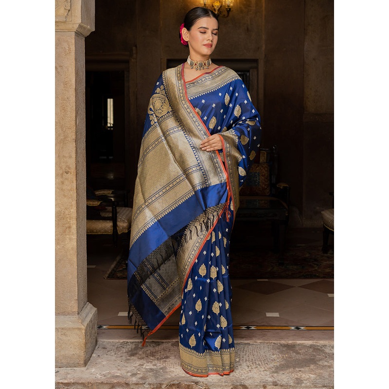Blue Katan Pure Silk Saree With Blouse Piece - JD986614363