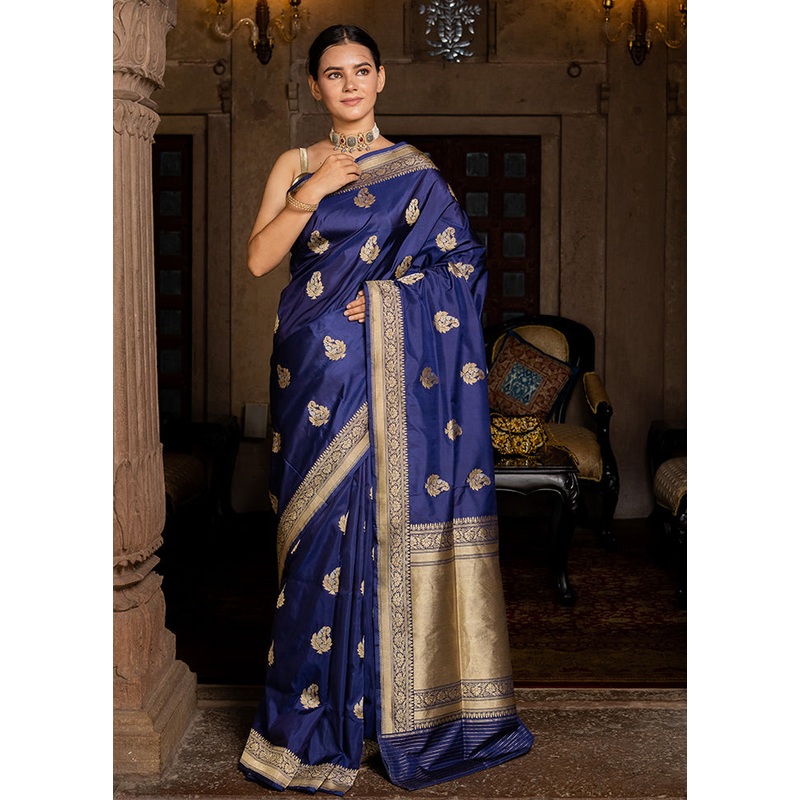Blue Katan Pure Silk Saree With Blouse Piece - JD986614364