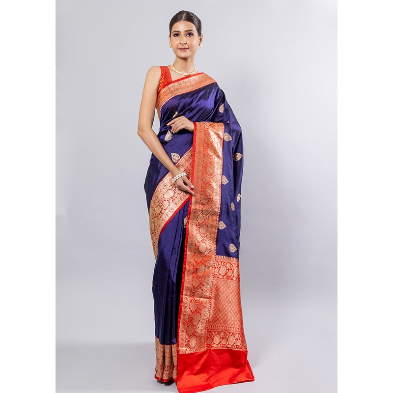 Blue Katan Pure Silk Saree With Blouse Piece - JD986614365
