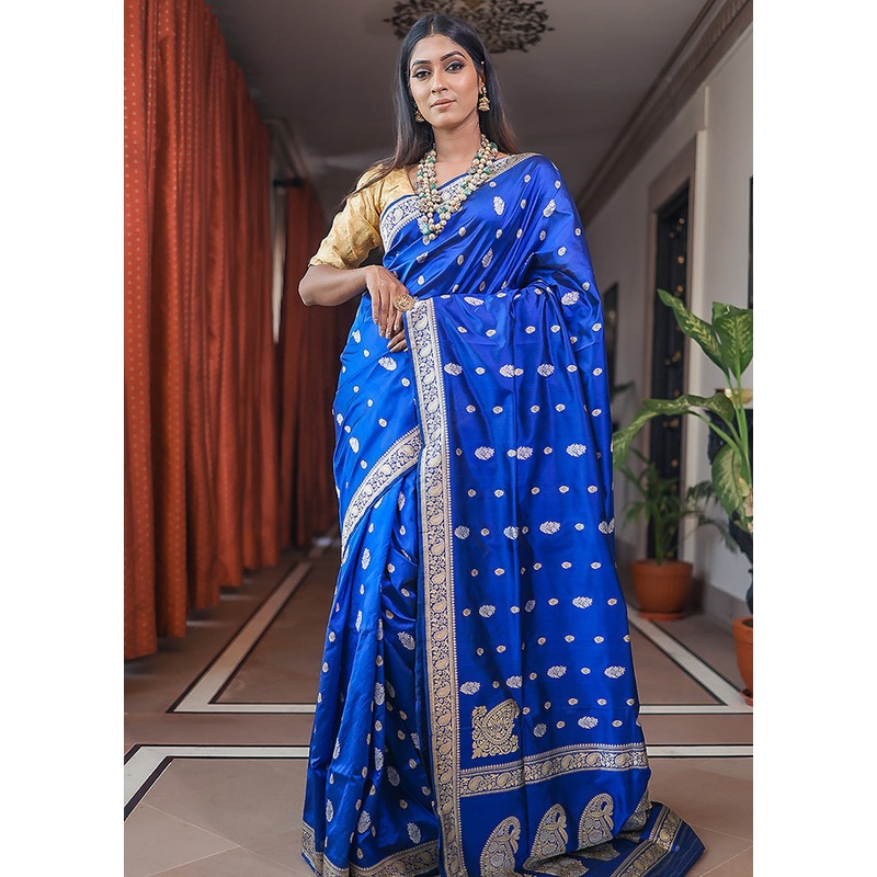 Blue Katan Pure Silk Saree With Blouse Piece - JD986614366