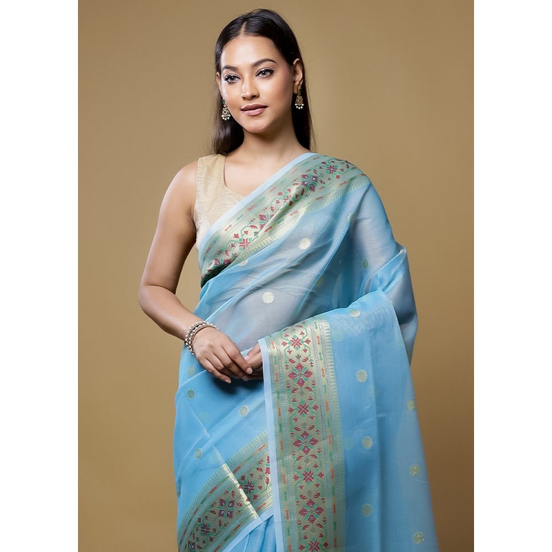 Blue Kora Silk Saree With Blouse Piece - JD986614402