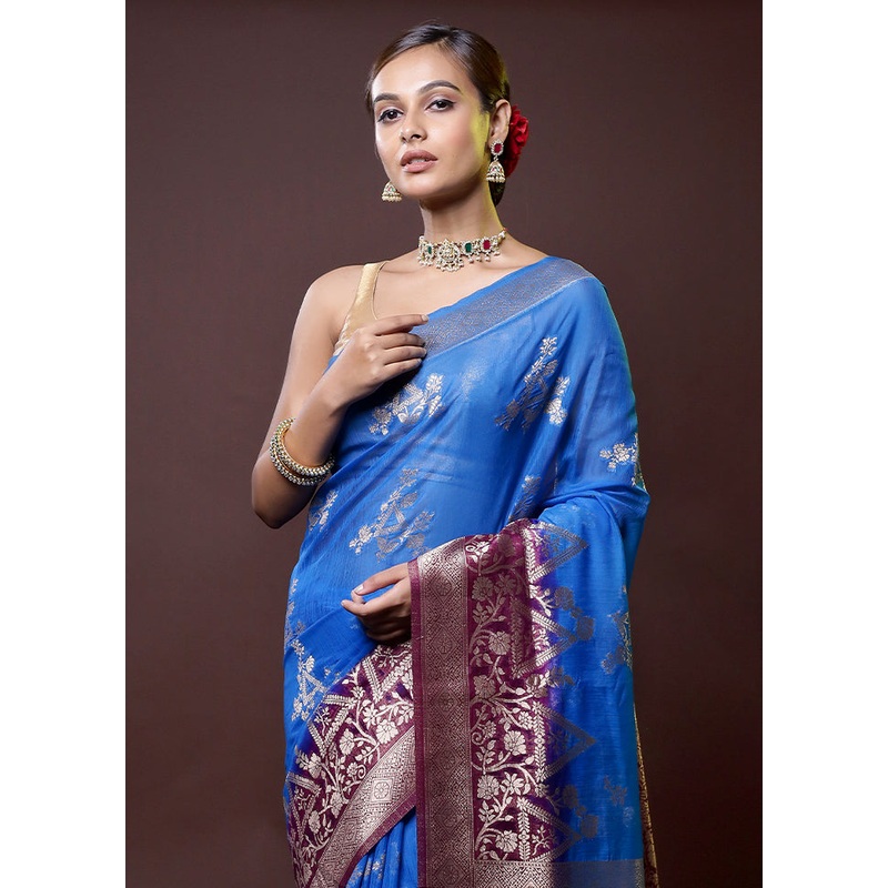Blue Organza Saree With Blouse Piece - JD986614427