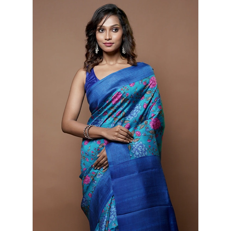 Blue Printed Pure Silk Saree With Blouse Piece - JD986614445