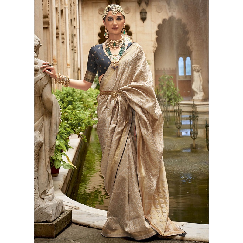 Cream Dupion Silk Saree With Blouse Piece - JD986614360