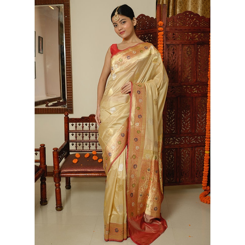 Cream Katan Pure Silk Saree With Blouse Piece - JD986614359