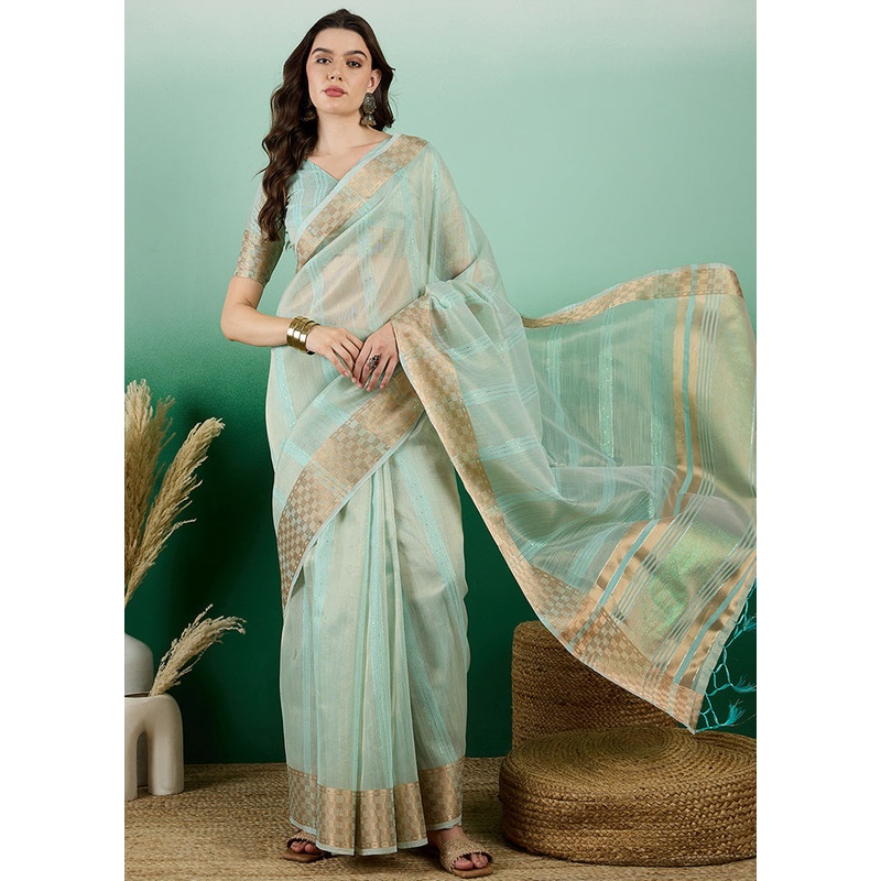 Cream Organza Saree With Blouse Piece - JD986614358