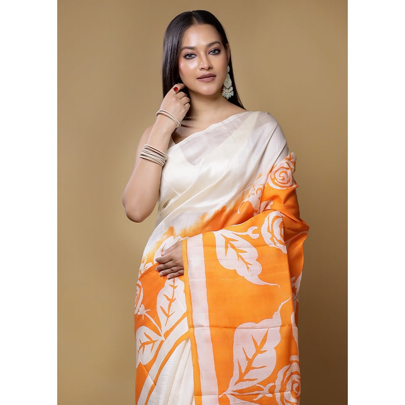 Cream Printed Pure Silk Saree Without Blouse Piece - JD986614443