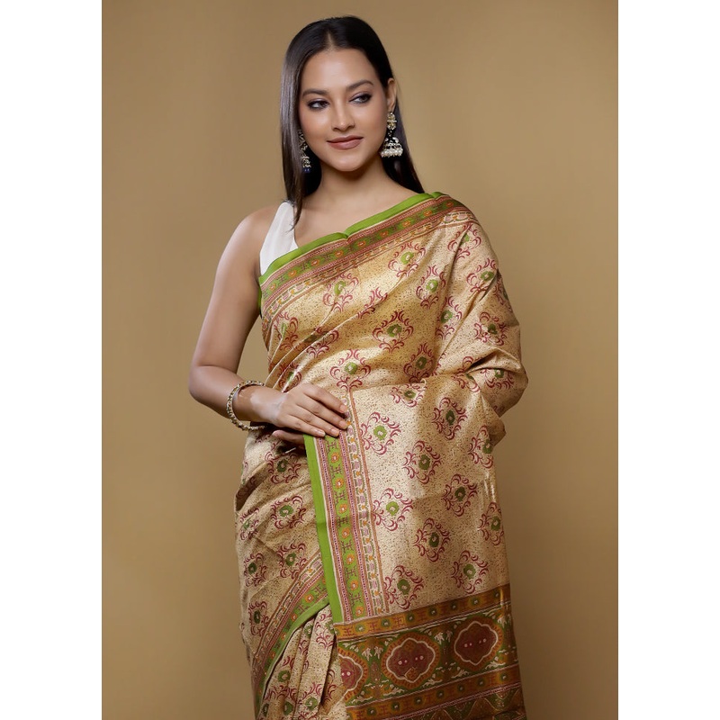 Cream Printed Pure Silk Saree Without Blouse Piece - JD986614444