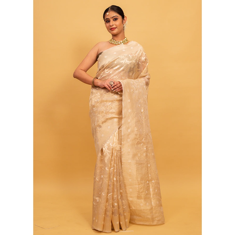 Cream Pure Tissue Silk Saree With Blouse Piece - JD986614357