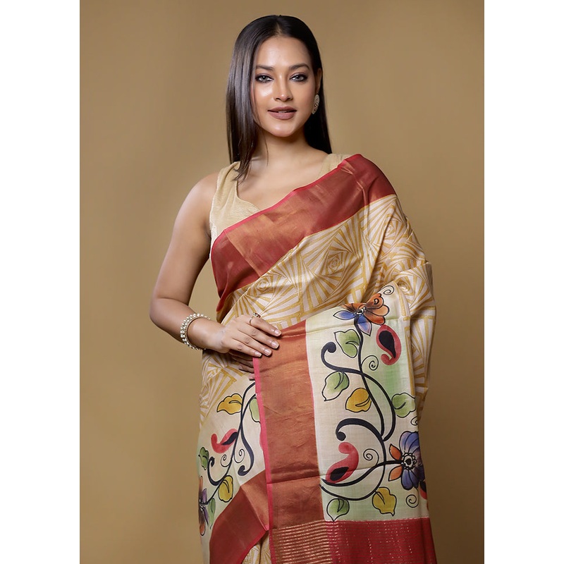 Cream Tussar Silk Saree With Blouse Piece - JD986614442