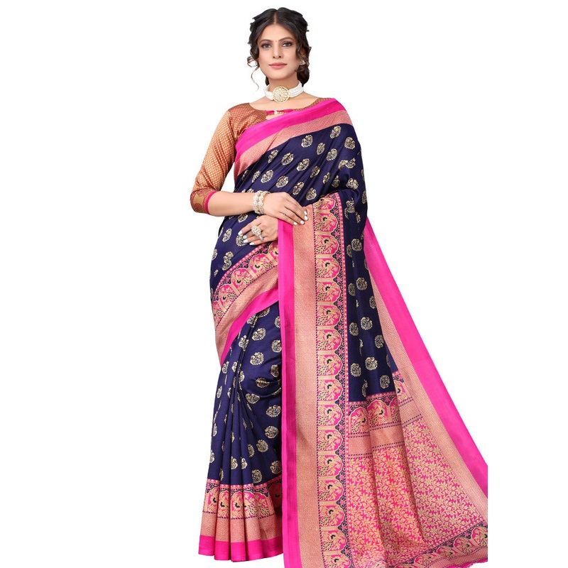Dark Blue Spun Silk Woven Saree With Blouse Piece - JD986614481