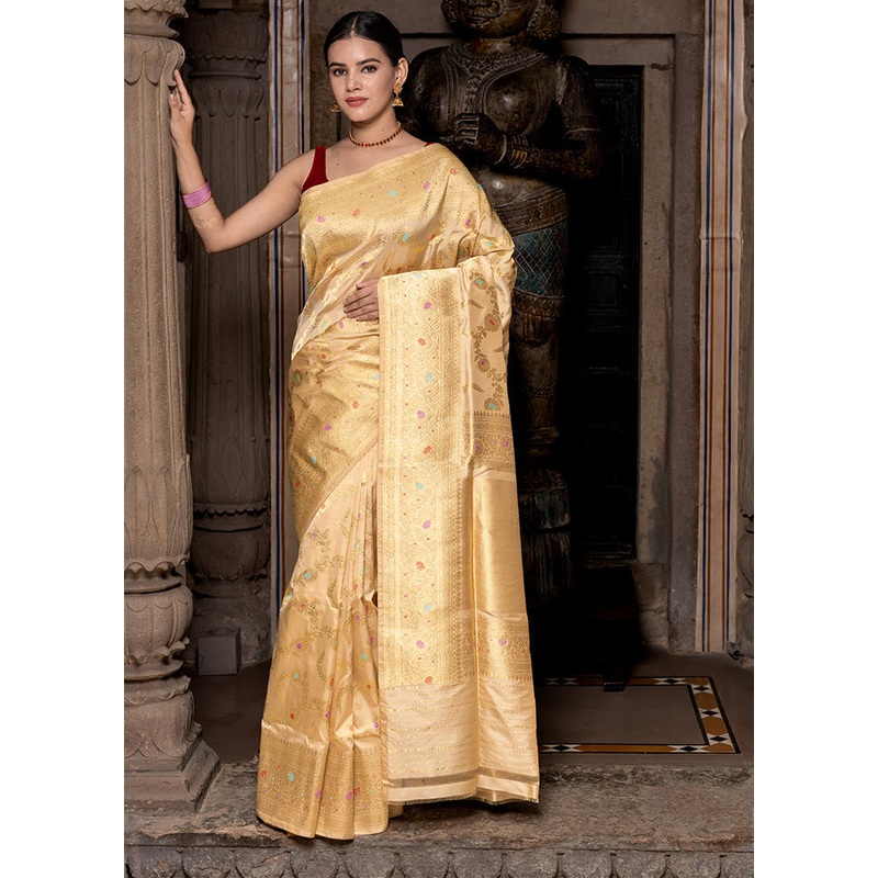 Gold Katan Pure Silk Saree With Blouse Piece - JD986614355