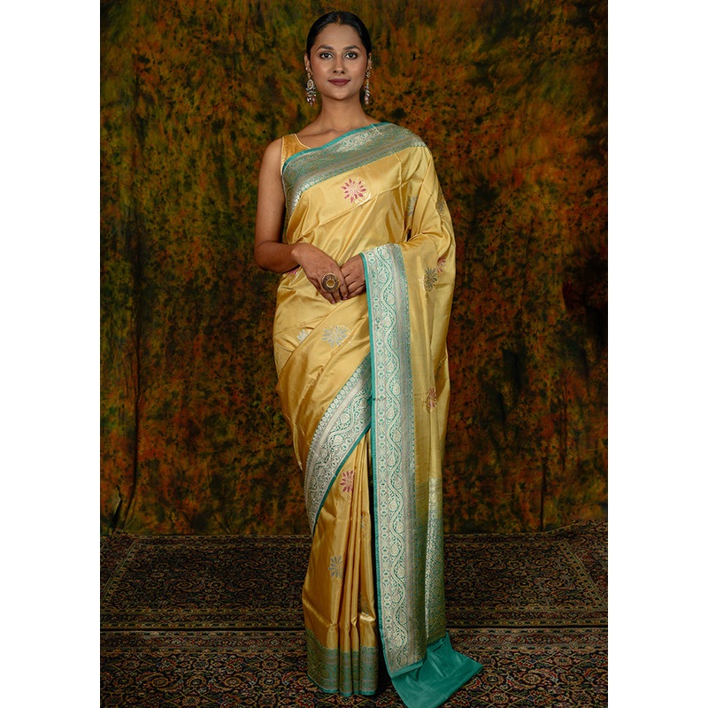 Gold Katan Pure Silk Saree With Blouse Piece - JD986614356