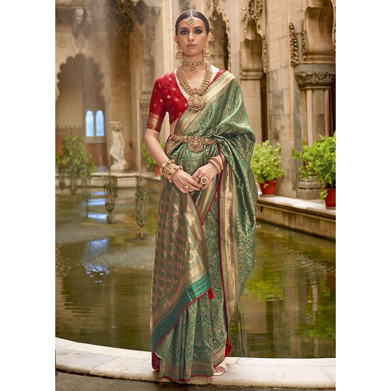 Green Dupion Silk Saree With Blouse Piece - JD986614350
