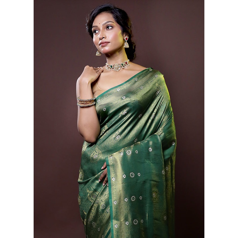 Green Dupion Silk Saree With Blouse Piece - JD986614422