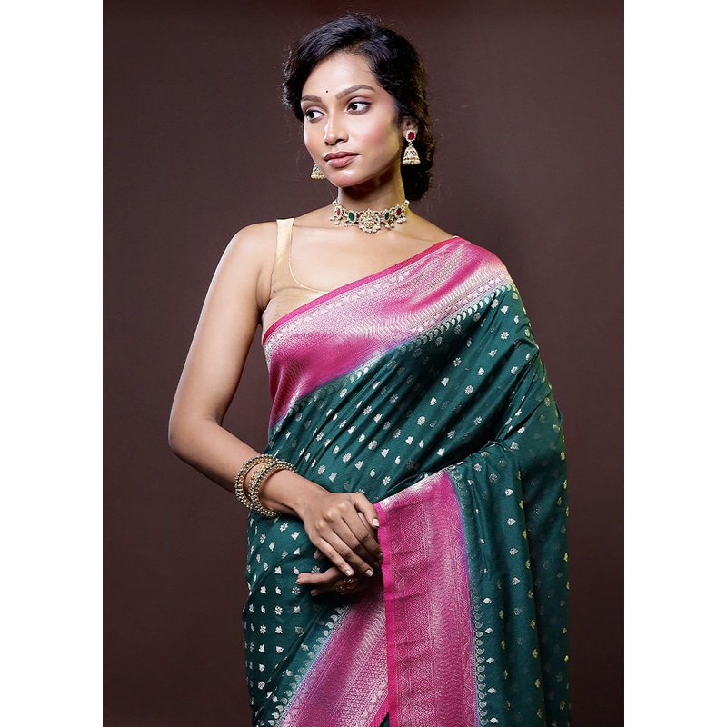 Green Dupion Silk Saree With Blouse Piece - JD986614424
