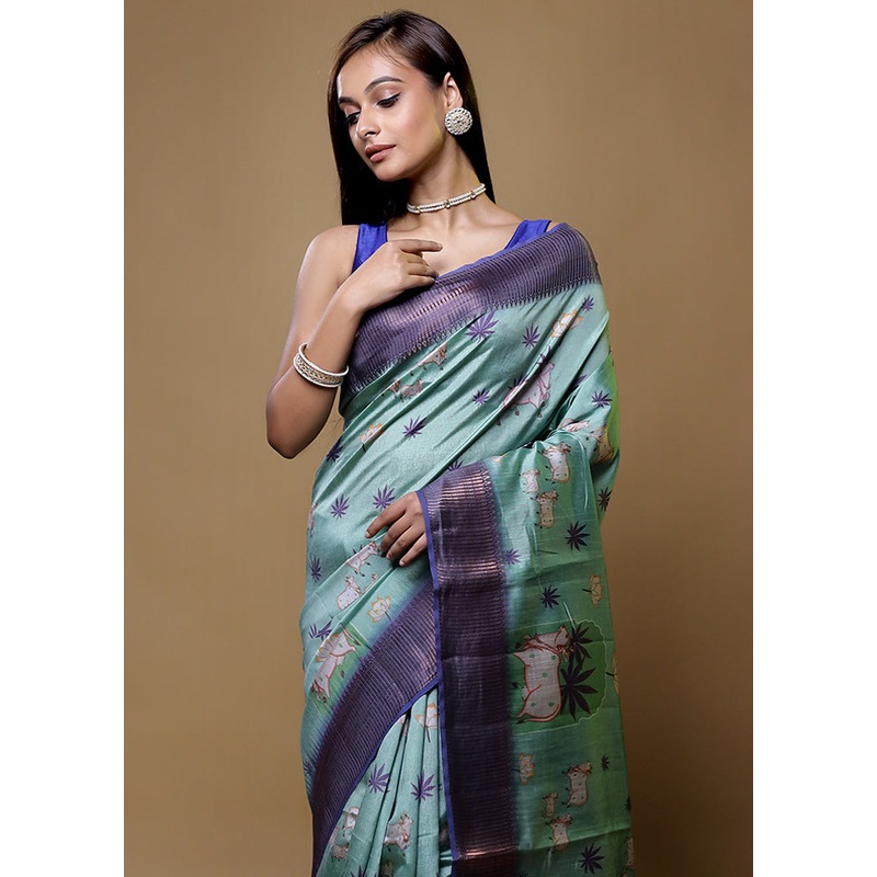 Green Dupion Silk Saree With Blouse Piece - JD986614425