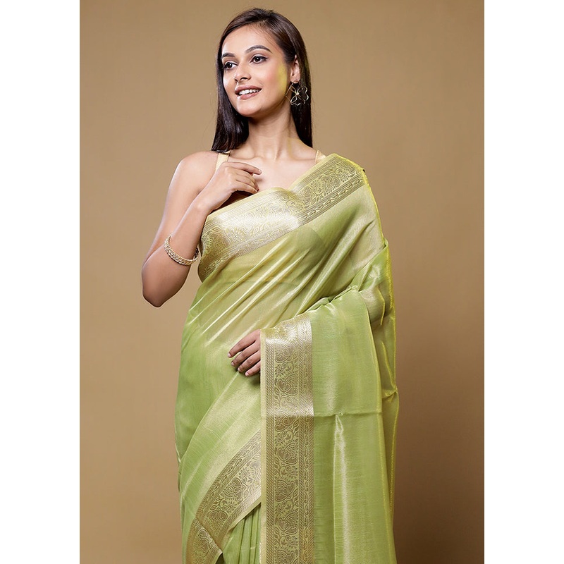 Green Linen Silk Saree With Blouse Piece - JD986614419