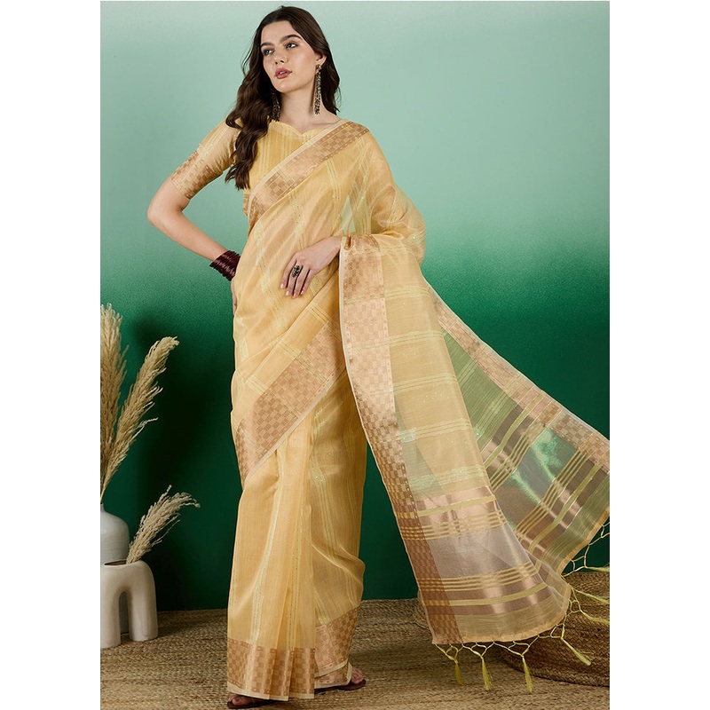Green Organza Saree With Blouse Piece - JD986614338