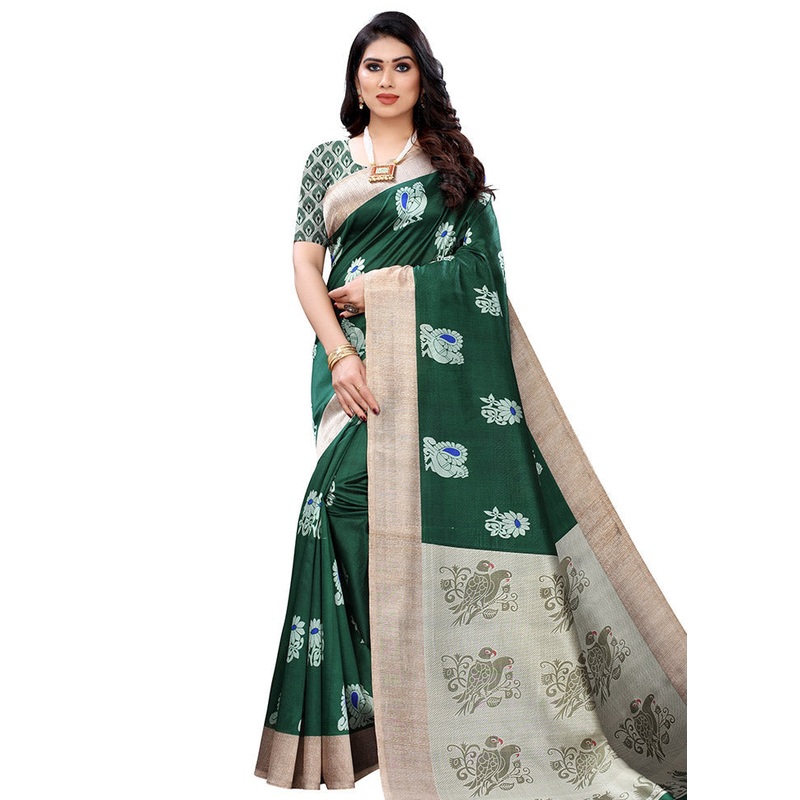 Green Spun Silk Woven Saree With Blouse Piece - JD986614464