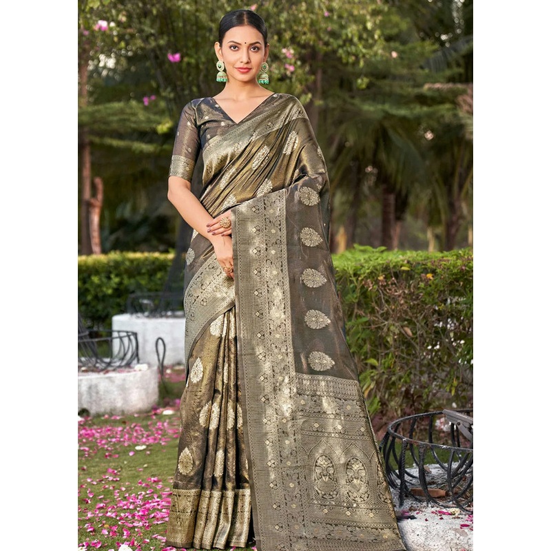 Grey Dupion Silk Saree With Blouse Piece - JD986614337