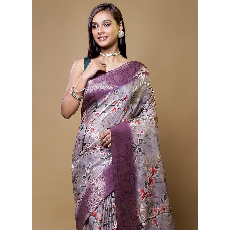 Grey Dupion Silk Saree With Blouse Piece - JD986614416