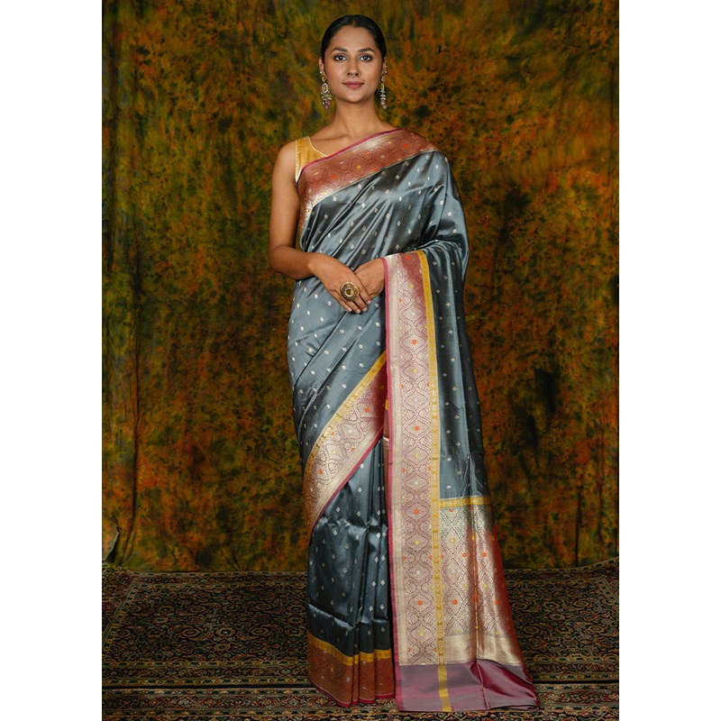 Grey Katan Pure Silk Saree With Blouse Piece - JD986614335