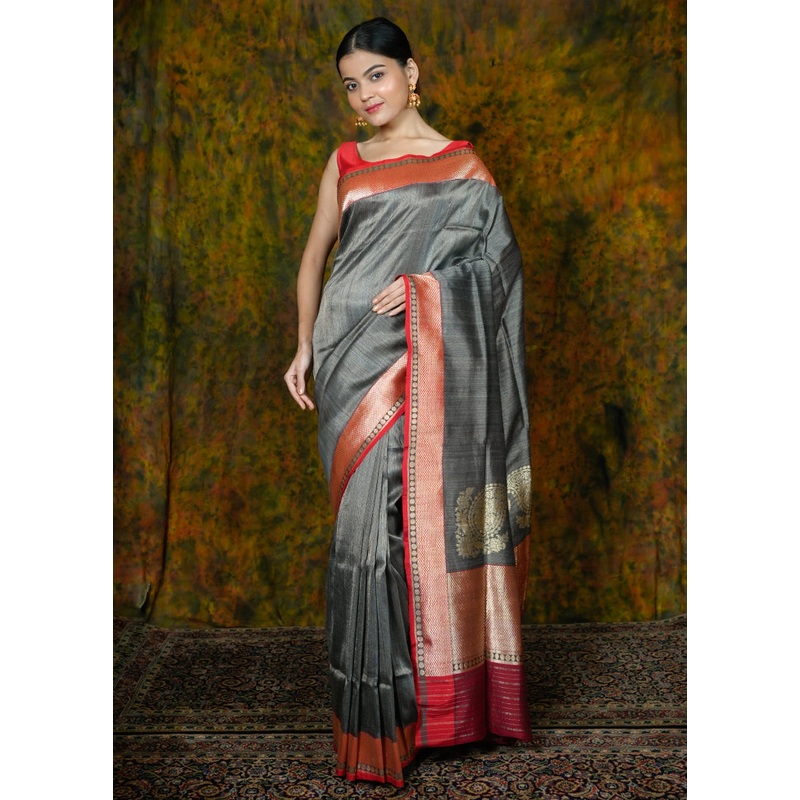 Grey Katan Pure Silk Saree With Blouse Piece - JD986614336