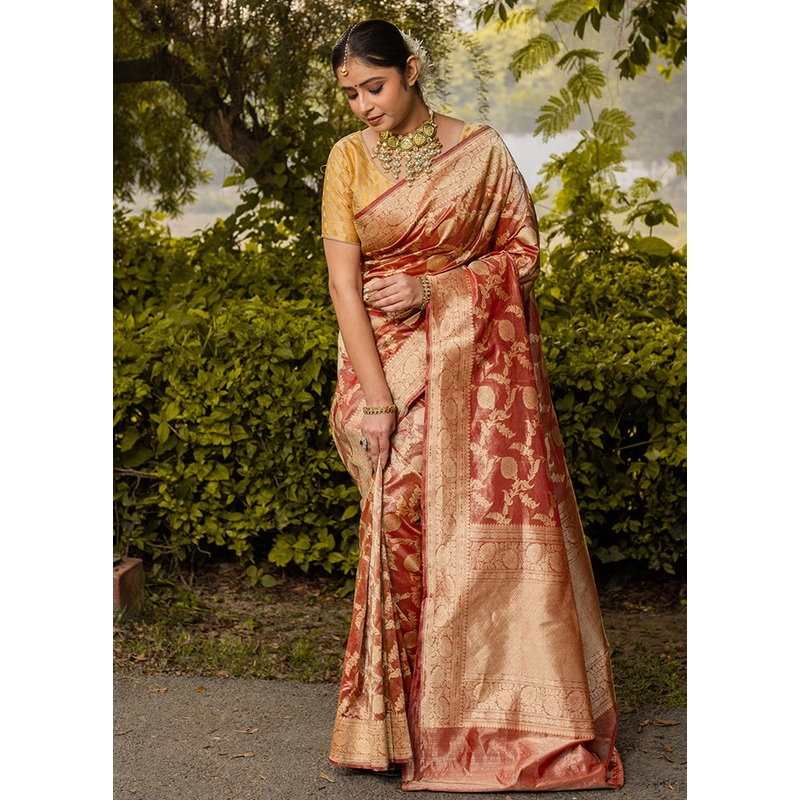 Maroon Pure Tissue Silk Saree With Blouse Piece - JD986614322