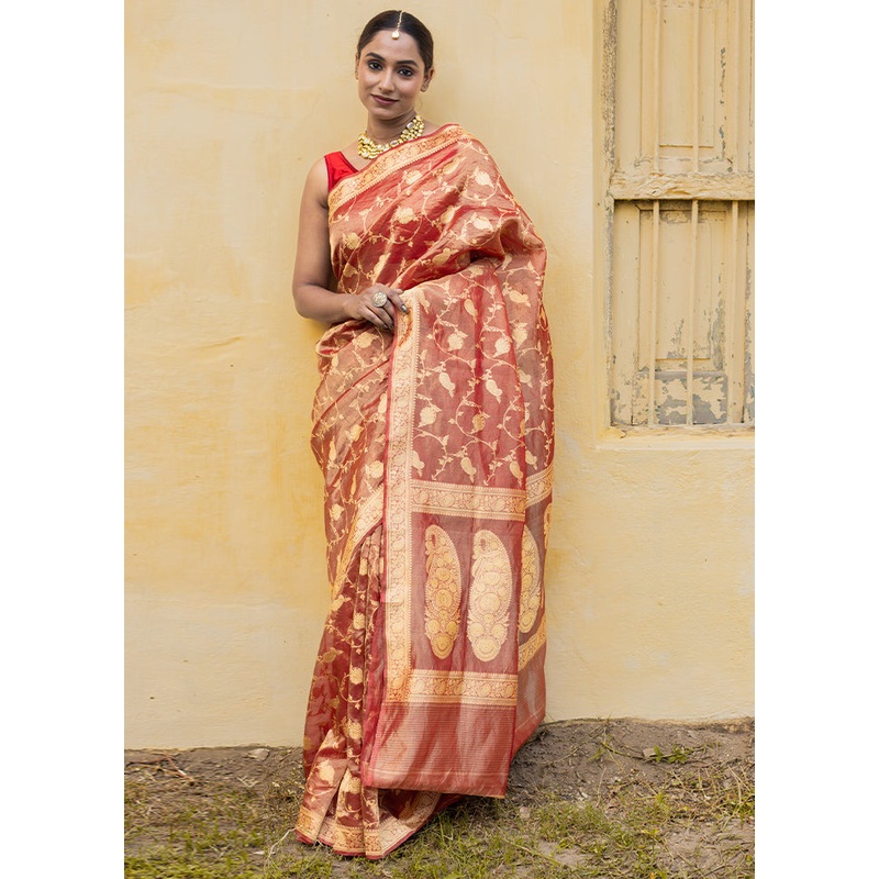 Maroon Pure Tissue Silk Saree With Blouse Piece - JD986614323
