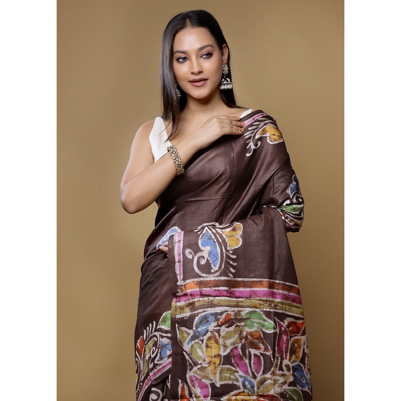 Multicolor Handloom Tussar Pure Silk Saree With Blouse Piece - JD986614441