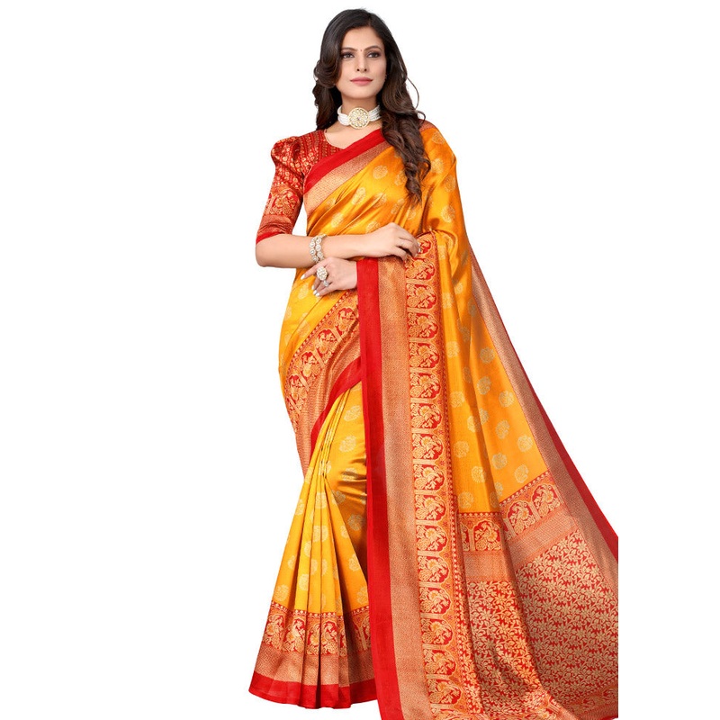 Mustard Spun Silk Woven Saree With Blouse Piece - JD986614480