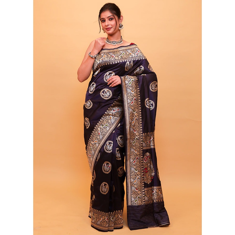 Navy Blue Katan Pure Silk Saree With Blouse Piece - JD986614317