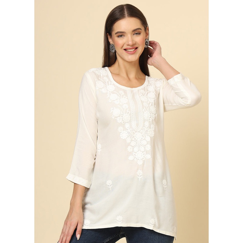 Off White Readymade Rayon Short Kurti - JD986614379
