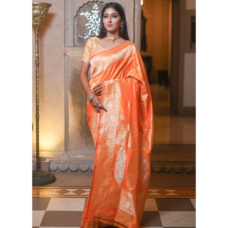 Orange Katan Pure Silk Saree With Blouse Piece - JD986614314