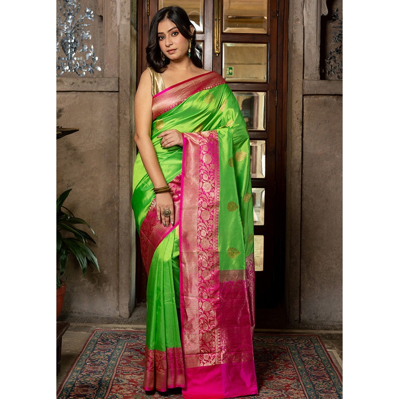 Parrot Green Katan Pure Silk Saree With Blouse Piece - JD986614312