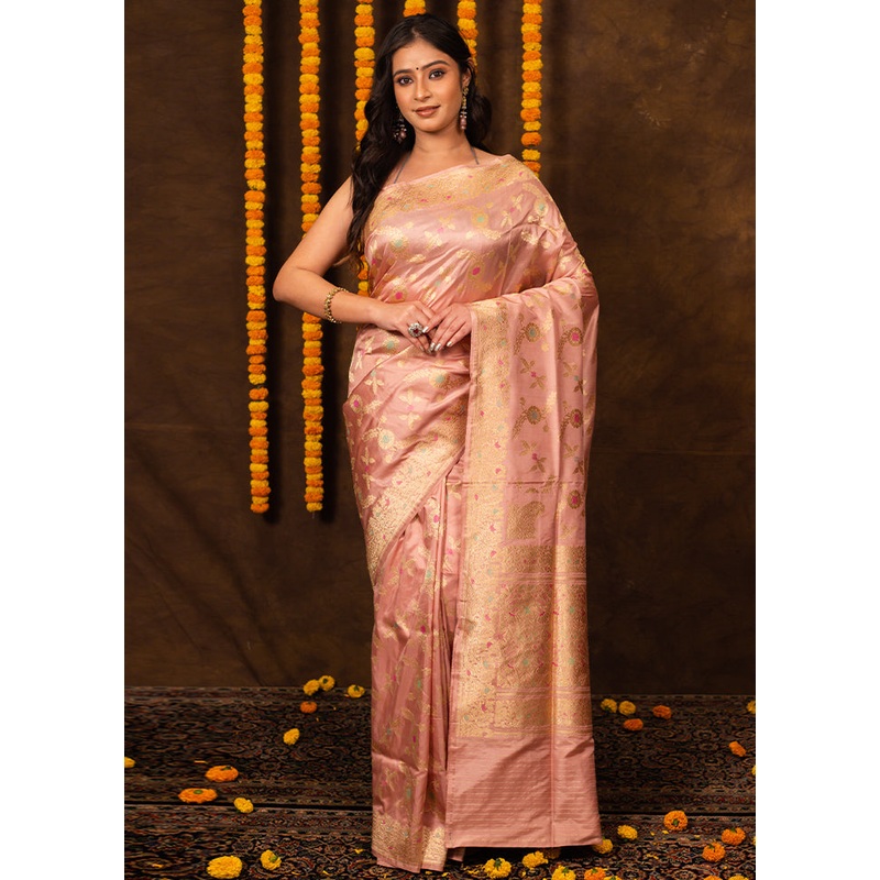Peach Katan Pure Silk Saree With Blouse Piece - JD986614311