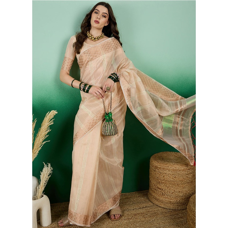 Peach Organza Saree With Blouse Piece - JD986614310