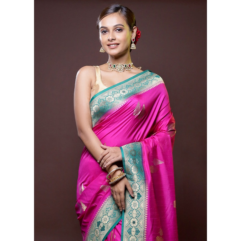 Pink Dupion Silk Saree With Blouse Piece - JD986614415